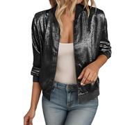 Vhersily 2025 Chaqueta Bomber Mujer Casual Manga Larga Color Sólido Blouson Ligero Zip Up Outwear Cardigan con Lentejuelas Negras de Aviador Cremallera Frontal Puños acanalados Abierto Frente para