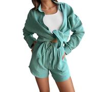 Vhersily 2025 Mono de mujer completo - Algodón y lino ligero Conjunto Elegante Trajes Tallas Grandes Conjunto Sólido Camisa y Pantalones Cortos Cintura Alta Conjuntos Cómodos, Para Fitness y Yoga