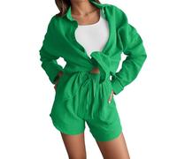 Vhersily 2025 Mono de mujer completo - Algodón y lino ligero Conjunto Elegante Trajes Tallas Grandes Conjunto Sólido Camisa y Pantalones Cortos Cintura Alta Conjuntos Cómodos, Para Fitness y Yoga