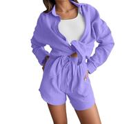 Vhersily 2025 Mono de mujer completo - Algodón y lino ligero Conjunto Elegante Trajes Tallas Grandes Conjunto Sólido Camisa y Pantalones Cortos Cintura Alta Conjuntos Cómodos, Para Fitness y Yoga
