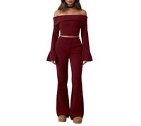 Vhersily 2025 Mono de mujer de 2 piezas elegante casual conjunto Crop Tops manga larga fuera del hombro y pantalones Bootcut Monos de punto acanalado conjunto ropa de casa Streetwear, para entretiempo