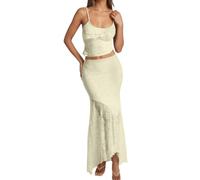 Vhersily 2025 Mujer Y2K Juego de Faldas Maxi 2 Piezas Verano Sin Espalda Camisola Y Volantes Falda Volante a Juego De Moda Para Viajes Y Paseos Cómodos Y Versátiles Para Look, Pasarela, amarillo, XL