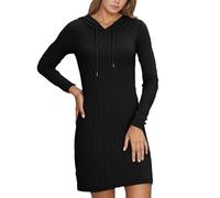 Vhersily 2025 - Vestido de verano para mujer, manga larga, con capucha y trenza, Jacquard, longitud hasta la rodilla, ligero, trabajo, oficina, para viajes y paseos, cómodo y versátil, Negro , L