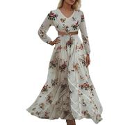 Vhersily 2025 Vestidos Largos Boho Vintage Cuello en V Flores Maxi Casual Primavera Mangas Largas Vestido Floral Western Country Vestido Gasa, Estilo Rural y Campestre, Cómodo y Versátil para Look