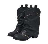 Vhersily 2026 Botas Texanas Mujer Western Boho, Polaina con Flecos y Tachuelas Punta Auscada, Tacón Medio con Remaches Botines de Cuero Ante Botas Monta Western Cowboy Antideslizante Moda, Negro , 37