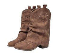 Vhersily 2026 Botas Texanas Mujer Western Boho, Polaina con Flecos y Tachuelas Punta Auscada, Tacón Medio con Remaches Botines de Cuero Ante Botas Monta Western Cowboy Antideslizante Moda, marrón, 37