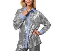 Vhersily 2026 Camisa De Un Solo Pecho De Las Mujeres De Manga Larga Con Lentejuelas Anchas Formal Partido Esmoquin Abrigo Sin Capucha Suéter Streetwear Cómodo Suave Clásico Fiesta De Discoteca, gris