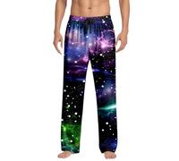 Vhersily 2026 Pantalones Pijama Hombre Navidad Casual con Estampado Divertido Patrón Estelar Espacial Diseño del Universo Corte Largo Cinturón Elástico para Llevar en Casa Suave y Ligero Ocio, azul