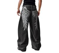 Vhersily 2026 Pantalones vaqueros para hombre Otoño Invierno anchos Vintage Estilo Casual Jean de pata con decoración de alas grises negras patrón de cristales brillantes Pantalones urbanos de moda