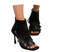 Vhersily 2026 Sandalias de verano para mujer con tacón alto de gamuza con borla cómodas, transpirables, elegantes, ligeras, antideslizantes, suaves para bodas, oficina, ceremonias y ropa diaria, Negro