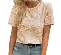 Vhersily 2026 T Shirt Mujer Con Lentejuelas Camisa Brillantini Con Lentejuelas Cuello Redondo Malla Glitter Cóctel Tops Clubwear Top Curvy Elegante Cómodo Pasaje a cualquier lugar para noches fuera