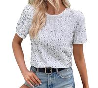 Vhersily 2026 T Shirt Mujer Con Lentejuelas Camisa Brillantini Con Lentejuelas Cuello Redondo Malla Glitter Cóctel Tops Clubwear Top Curvy Elegante Cómodo Pasaje a cualquier lugar para noches fuera
