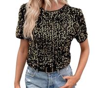 Vhersily 2026 T Shirt Mujer Con Lentejuelas Camisa Brillantini Con Lentejuelas Cuello Redondo Malla Glitter Cóctel Tops Clubwear Top Curvy Elegante Cómodo Pasaje a cualquier lugar para noches fuera