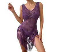 Vhersily 2026 Vestido de playa con borlas de una sola pieza hecho a mano de ganchillo para protección solar cubretraje de playa verano playa para vacaciones de verano transpirable ligero, violeta, M