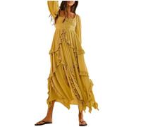 Vhersily 2026 Vestido Largo Mujer con Cuello en U Manga Larga Volante y Encaje con Abertura y Falda Amplia Suave y Casual para Vacaciones en la Playa Paseos por la Playa o Relax Diario, amarillo, XL