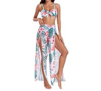 Vhersily 3 PCS Vestidos de Mujer con Estampado Floral, Vestido Largo Hawaiano Abertura Alta, Traje de Baño para Vacaciones Maxi Fluido, blanco, L