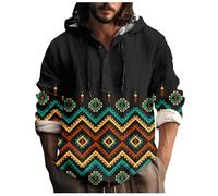 Vhersily Camisa de lino con botones para hombre, estilo Henley, manga larga, con estampado africano, con capucha, ligera, medieval de Halloween, a la moda, para viajes y paseos, versátil, B Negro, XL
