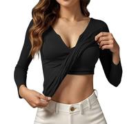 Vhersily Camisas De Manga Larga De Mujer Con Sujetador Integrado, Térmicas, Para El Frío, De Punto De Acanalado, Con Cuello En V Top De Yoga Y2K Slim Fit Cross Wrap Tie Camisas De Entrenamiento De