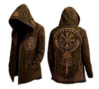 Vhersily Cárdigan de hombre Streetwear con ajuste cómodo para todos los días, estilo vikingo otoño sudadera con capucha longitud media fresca Mito Norreno Capas, versátiles para look, Marrón 1, S