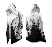 Vhersily Cárdigan largo con capucha, estilo gótico oscuro, unisex, capa vikinga con estampado de calavera, zarzas, vintage y lobo, Fenrir Rune de la Brújula Norrena, abrigo multiestación con bolsillos