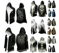 Vhersily Cárdigan largo con capucha, estilo gótico oscuro, unisex, capa vikinga con estampado de calavera, zarzas, vintage y lobo, Fenrir Rune de la Brújula Norrena, abrigo multiestación con bolsillos