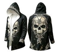Vhersily Cárdigan largo con capucha, estilo gótico oscuro, unisex, capa vikinga con estampado de calavera, zarzas, vintage y lobo, Fenrir Rune de la Brújula Norrena, abrigo multiestación con bolsillos
