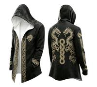 Vhersily Cárdigan largo con capucha, estilo gótico oscuro, unisex, capa vikinga con estampado de calavera, zarzas, vintage y lobo, Fenrir Rune de la Brújula Norrena, abrigo multiestación con bolsillos
