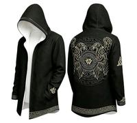 Vhersily Cárdigan largo con capucha, estilo gótico oscuro, unisex, capa vikinga con estampado de calavera, zarzas, vintage y lobo, Fenrir Rune de la Brújula Norrena, abrigo multiestación con bolsillos