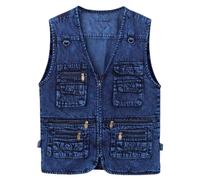 Vhersily Chaleco de Vaquero para Hombre Multibolsillos Chaqueta Jean sin Mangas Retro Vintage Gilets Denim sin Mangas Jeans Casual Multifuncional Safari Multi Bolsillos de Trabajo Caza de Pesca