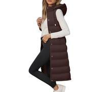 Vhersily Chaleco largo de forro polar para mujer, con capucha, sin mangas, térmico, acolchado con cremallera y bolsillos, a la moda, para invierno, cortavientos, impermeable, callejero, marrón, 3XL