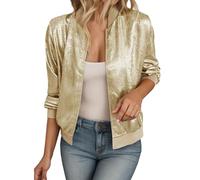 Vhersily Chaqueta Bomber Mujer Casual Manga Larga Color Sólido Blouson Ligero Zip Up Outwear Cardigan con lentejuelas negras de aviador Cremallera frontal Puños acanalados abierto por delante para