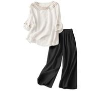 Vhersily Conjunto de 2 piezas de lino para mujer, de verano, tallas grandes, camisetas de manga corta y cuello redondo de color liso, cómodo, ligero, a la moda, gimnasio, playa, vacaciones, para