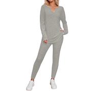Vhersily Conjunto de 2 piezas para mujer elegante invierno Homewear cálido para correr de algodón con cuello en V manga larga, conjunto de pijama de cintura alta, entrenamiento running, para viajes y