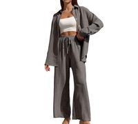 Vhersily Conjunto de dos piezas para mujer con camisa lisa con botones delanteros y pantalones de pierna ancha y corbata delantera juego de pijama de cintura alta, monos a juego, para viajes y