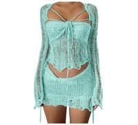 Vhersily Conjunto de falda de punto de mujer con lentejuelas, 2 piezas brillantes, excava fuera de manga larga crop top mini vestidos sexy Y2K cubre traje de playa, Mint Green, M