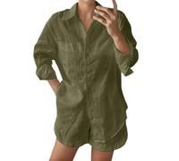 Vhersily Conjunto de mujer de algodón y lino elegante conjunto camisa y pantalones cortos de dos piezas completas de color liso verano salón ligero moda gimnasio playa vacaciones para bodas y