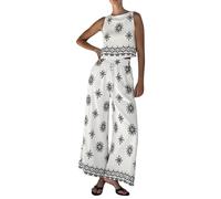 Vhersily Conjunto de mujer Top sin mangas con pantalones acampanados 3/4 de color liso casual de algodón y lino mono Curvy Moda de Casa Completo Verano Elegante Anchos de Novia Princesa para Viaje