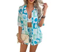 Vhersily Conjunto de pijama para mujer elegante y cómodo con estampado moderno, camisa con botones, pantalones cortos, noche relax, casa, confort, hip hop, punk, streetwear, conjunto de pijamas de