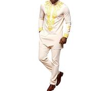 Vhersily Dashiki - Vestido De Manga Larga Para Hombre Africano Con Estampado Y Pantalones Dorados, Vestido Tradicional 2 Piezas Árabes Islámicos Caftán Étnico Ropa De Oración Suave De Novia, Color