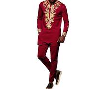Vhersily Dashiki - Vestido De Manga Larga Para Hombre Africano Con Estampado Y Pantalones Dorados, Vestido Tradicional 2 Piezas Árabes Islámicos Caftán Étnico Ropa De Oración Suave De Novia, rojo, S