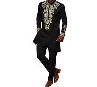 Vhersily Dashiki - Vestido De Manga Larga Para Hombre Africano Con Estampado Y Pantalones Dorados, Vestido Tradicional 2 Piezas Árabes Islámicos Caftán Étnico Ropa De Oración Suave De Novia, Negro