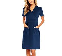 Vhersily Enfermera de manga corta hasta la rodilla para mujer, vestido de trabajo liso con bolsillos, cuello en V, uniforme de hospital, azul oscuro, XXL