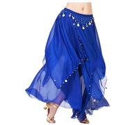 Vhersily Falda de danza del vientre para mujer con monedas largas de gasa, falda de danza del vientre étnica, danza india, lentejuelas bohemias, falda de tul, azul, Talla única