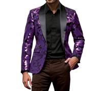 Vhersily Hombres Moda Morado Colorido Terciopelo Lentejuelas Blazer Stage Party Prom Wedding Dinner Symmetry Suit Jacket Blazer Cómodo Suave Ligero Streetwear Clásico Elegante para Negocios y Bodas, A
