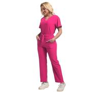 Vhersily Juego de exfoliantes para mujer con múltiples bolsillos, elegantes uniformes médicos con lazos Slip-On Túnica Top Pantalones Set Cuidado Estetista Enfermera Médica Spa Otoño Invierno Conjunto