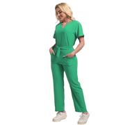 Vhersily Juego de exfoliantes para mujer con múltiples bolsillos, elegantes uniformes médicos con lazos Slip-On Túnica Top Pantalones Set Cuidado Estetista Enfermera Médica Spa Otoño Invierno Conjunto