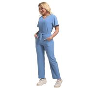 Vhersily Juego de exfoliantes para mujer con múltiples bolsillos, elegantes uniformes médicos con lazos Slip-On Túnica Top Pantalones Set Cuidado Estetista Enfermera Médica Spa Otoño Invierno Conjunto