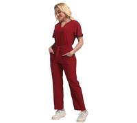 Vhersily Juego de exfoliantes para mujer con múltiples bolsillos, elegantes uniformes médicos con lazos Slip-On Túnica Top Pantalones Set Cuidado Estetista Enfermera Médica Spa Otoño Invierno Conjunto