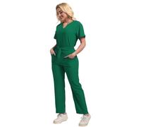 Vhersily Juego de exfoliantes para mujer con múltiples bolsillos, elegantes uniformes médicos con lazos Slip-On Túnica Top Pantalones Set Cuidado Estetista Enfermera Médica Spa Otoño Invierno Conjunto