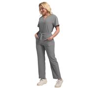 Vhersily Juego de exfoliantes para mujer con múltiples bolsillos, elegantes uniformes médicos con lazos Slip-On Túnica Top Pantalones Set Cuidado Estetista Enfermera Médica Spa Otoño Invierno Conjunto